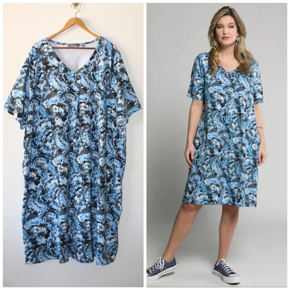 Ulla Popken Artisan print Knit Midi Dress 24/26 Stretch Cotton V Neck Navy Blue